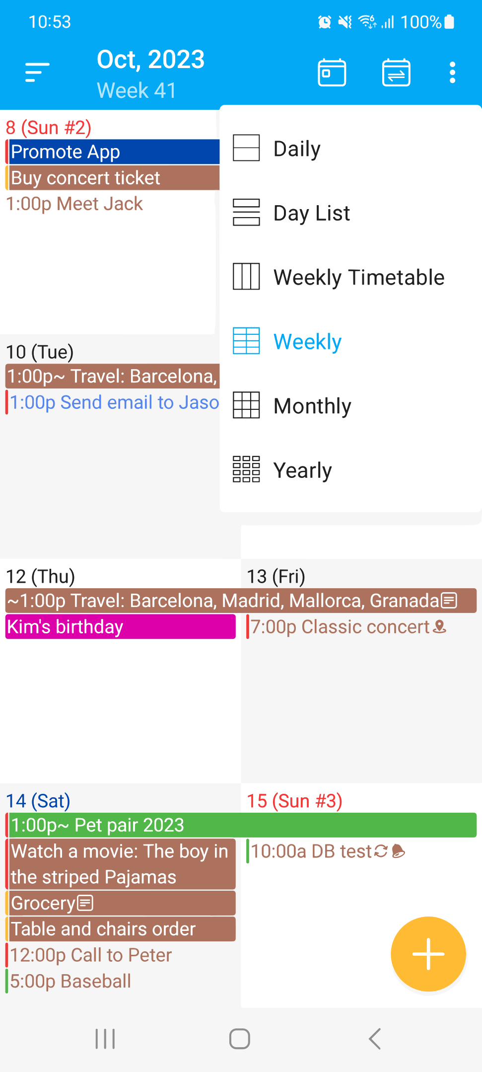 AA Calendar weekly view and menu for six calendar views
